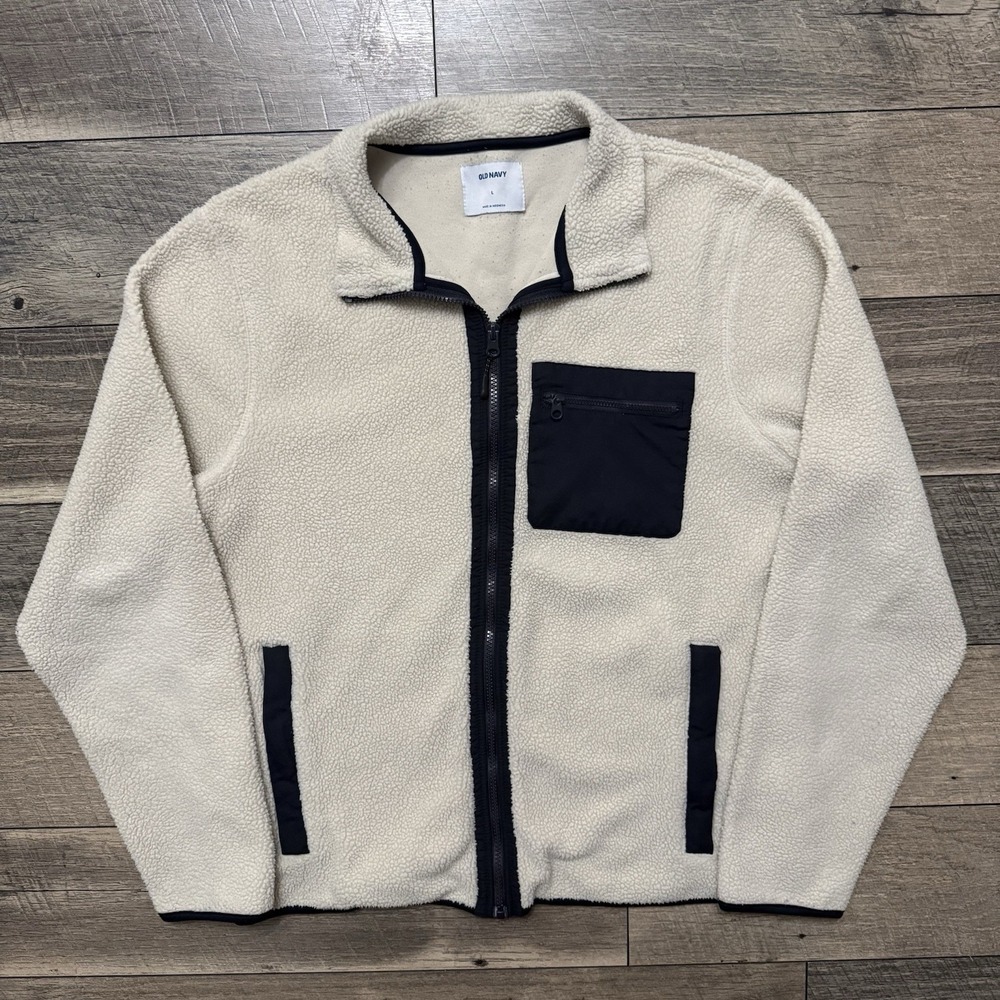 Old Navy Sherpa Fleece‎ Jacket Macadamia Cream Zip Front Contrast Pocket Mens L